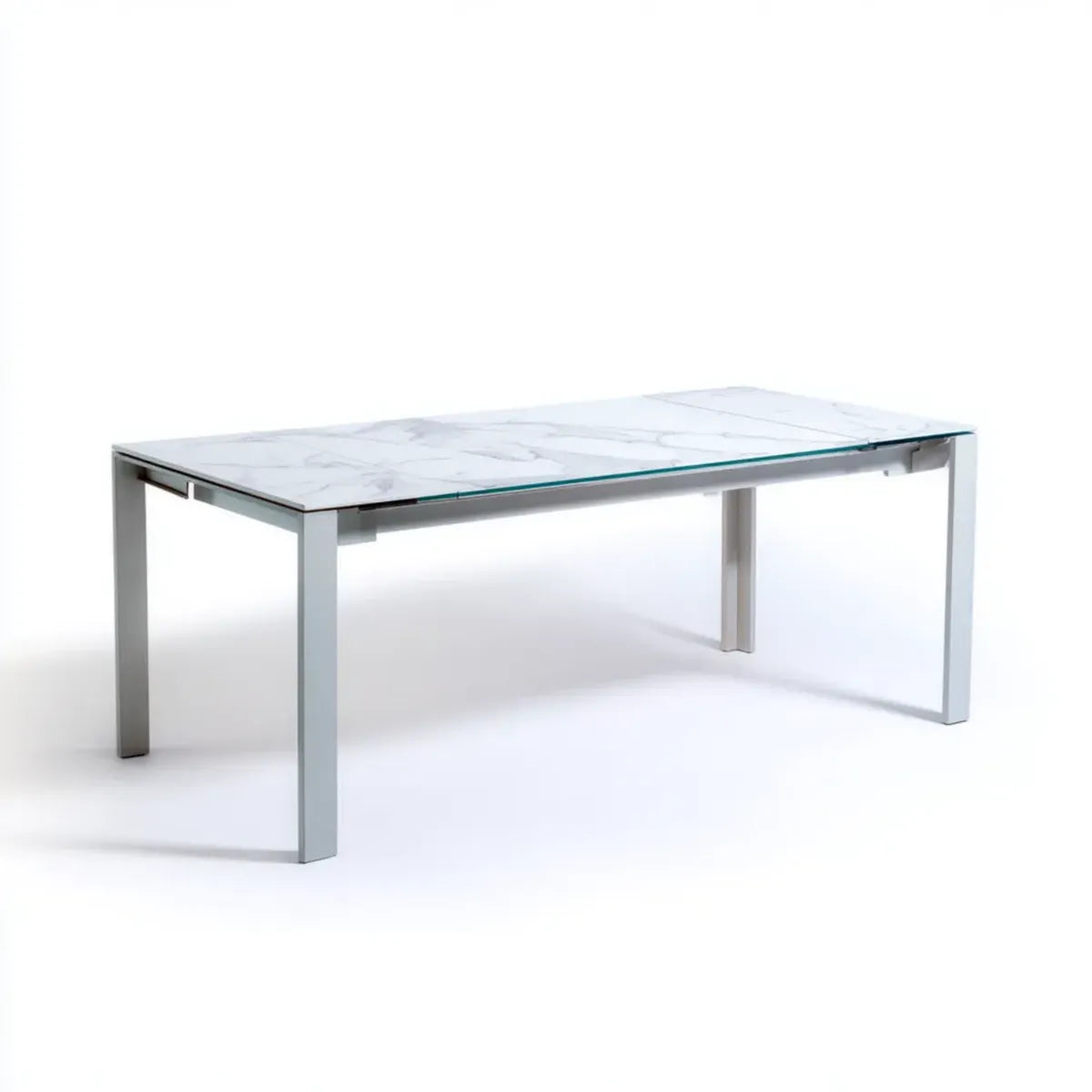 Table à manger extensible blanche effet marbre en verre trempé rectangulaire 140-180 x 80 x 76 cm