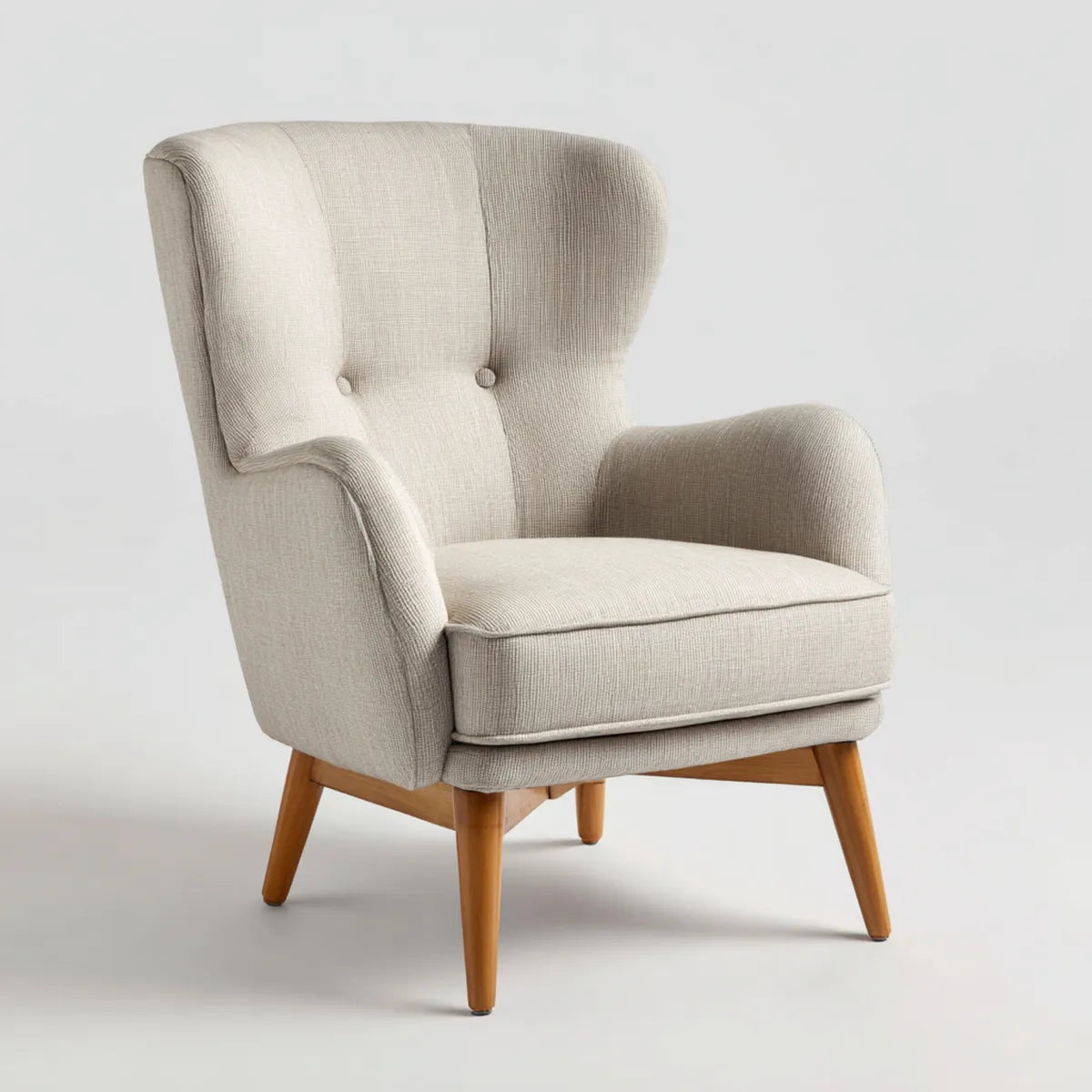 Fauteuil à oreilles beige 75 x 85 x 105 cm en polyester avec piètement en hévéa forme enveloppante