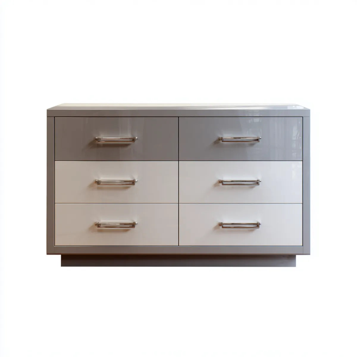 Commode 6 tiroirs gris taupe et blanc cassé en MDF laqué rectangulaire 140 x 45 x 85 cm