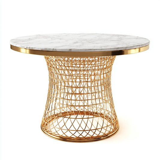 Table à manger ronde blanche et dorée 120 x 75 cm en marbre et acier inoxydable