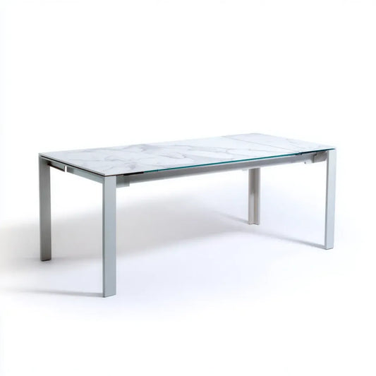 Table à manger extensible blanche effet marbre en verre trempé rectangulaire 140-180 x 80 x 76 cm