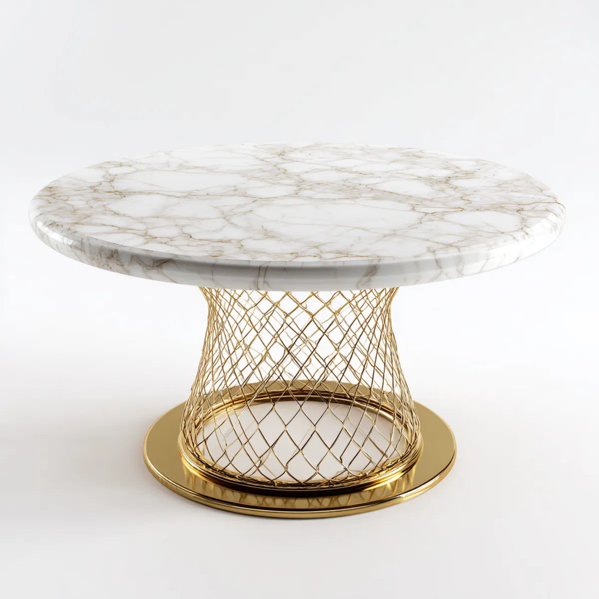 Table à manger ronde blanche et dorée Ø 120 x H 75 cm en pierre frittée et acier inoxydable