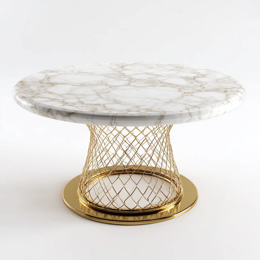 Table à manger ronde blanche et dorée Ø 120 x H 75 cm en pierre frittée et acier inoxydable