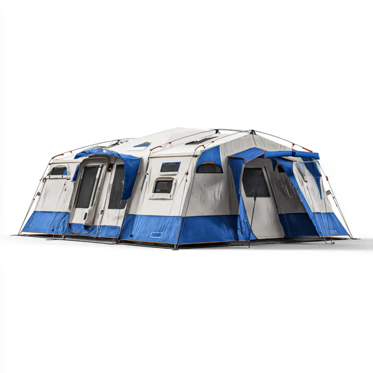 Tente familiale tunnel bleu et gris 680 x 400 x 210 cm en polyester avec sol PE pour 8 personnes