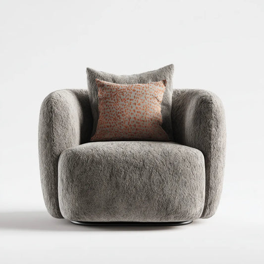 Fauteuil pivotant gris taupe en polyester bouclé forme arrondie 90 x 88 x 78 cm