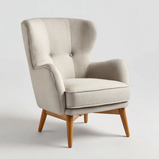Fauteuil à oreilles beige 75 x 85 x 105 cm en polyester avec piètement en hévéa forme enveloppante