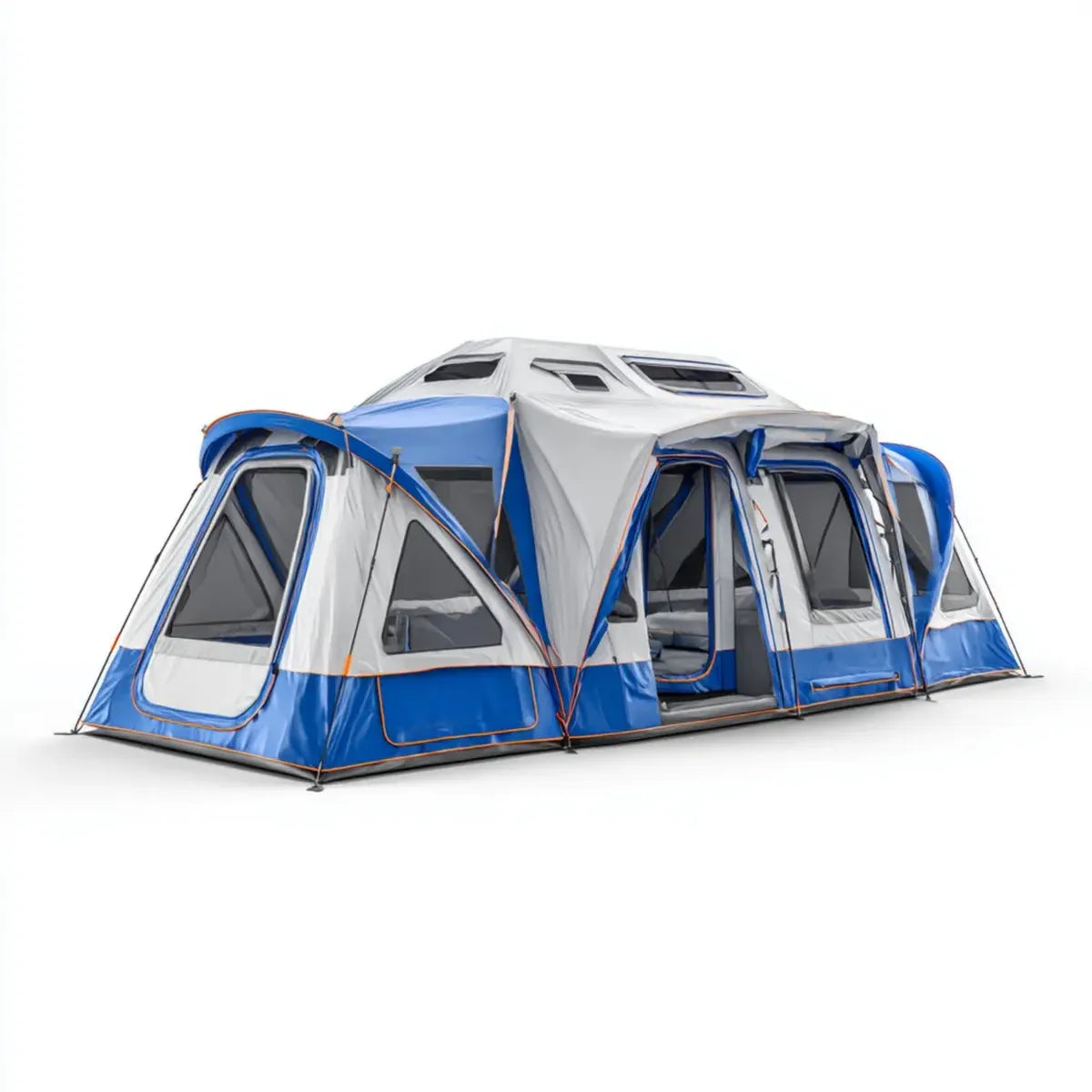 Tente familiale de camping bleue et grise 680 x 320 x 215 cm en polyester avec 3 compartiments